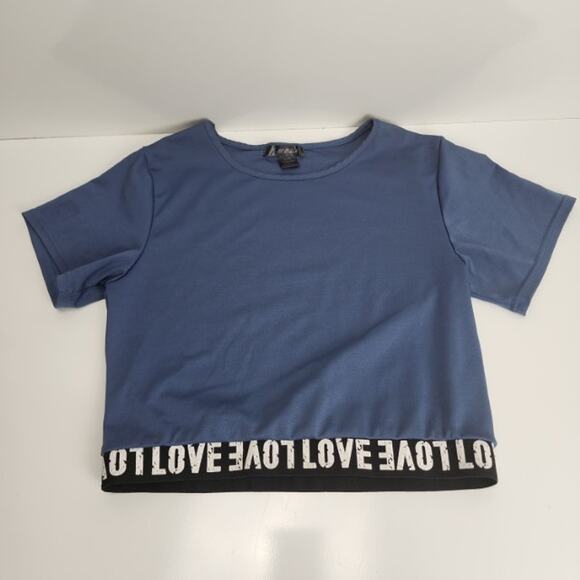 C Mode Blue Short Sleeve Black & White Elastic Band Crop Top Women's Size L - Picture 1 of 6